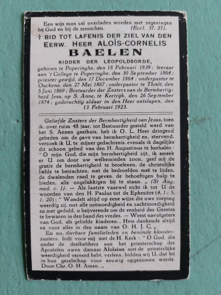 oud bidprentje EH. Baelen (1839 - 1923), Verzenden, Bidprentje
