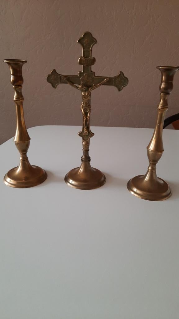 Koper kruis met kandelaars, Antiek en Kunst, Antiek | Kandelaars, Ophalen