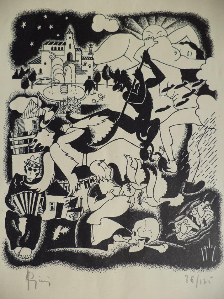 Jean Gillis gravure sur bois, lino L' accordéoniste aveugle, Enlèvement ou Envoi