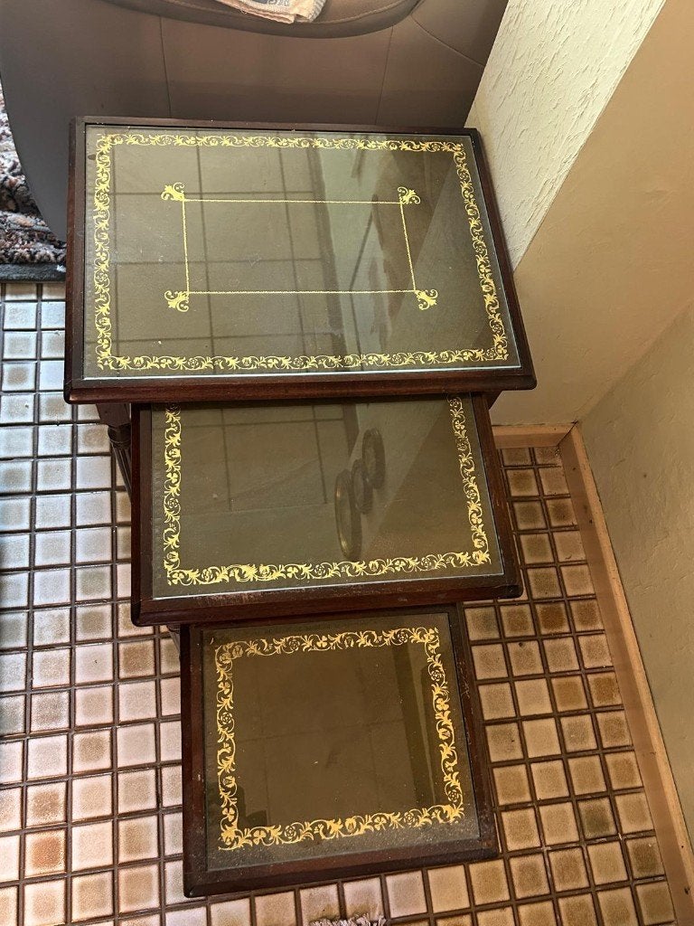 set van 3 bijzet tafeltjes, Huis en Inrichting, Tafels | Bijzettafels, Minder dan 55 cm, Gebruikt, Glas, Rechthoekig