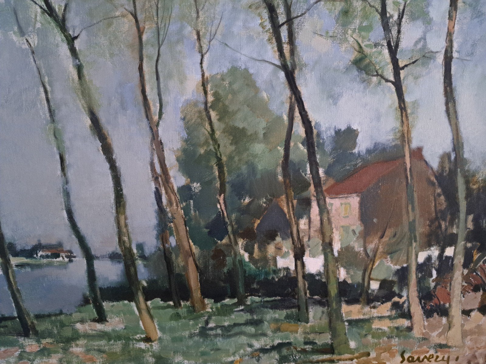 SAVERYS Albert "Hoge bomen langs de Leie " olie op doek, Enlèvement, Toile