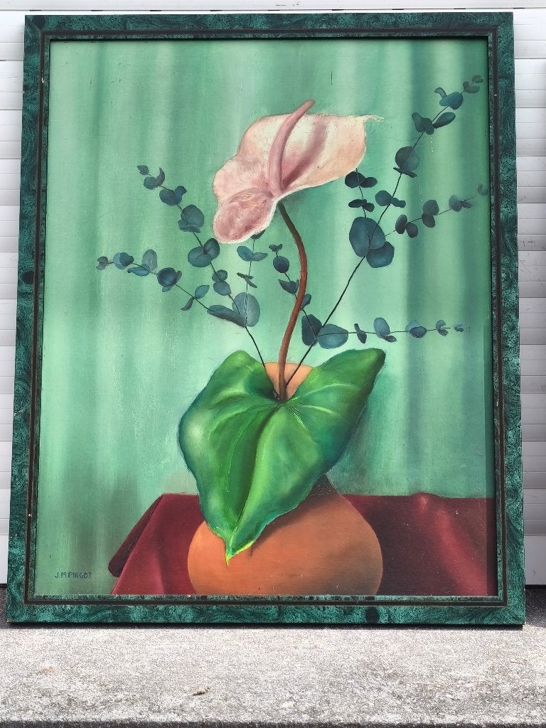 Huile sur panneau fleurs signe jean marie pingot, Antiquités & Art, Enlèvement ou Envoi, Fleurs, Panneau