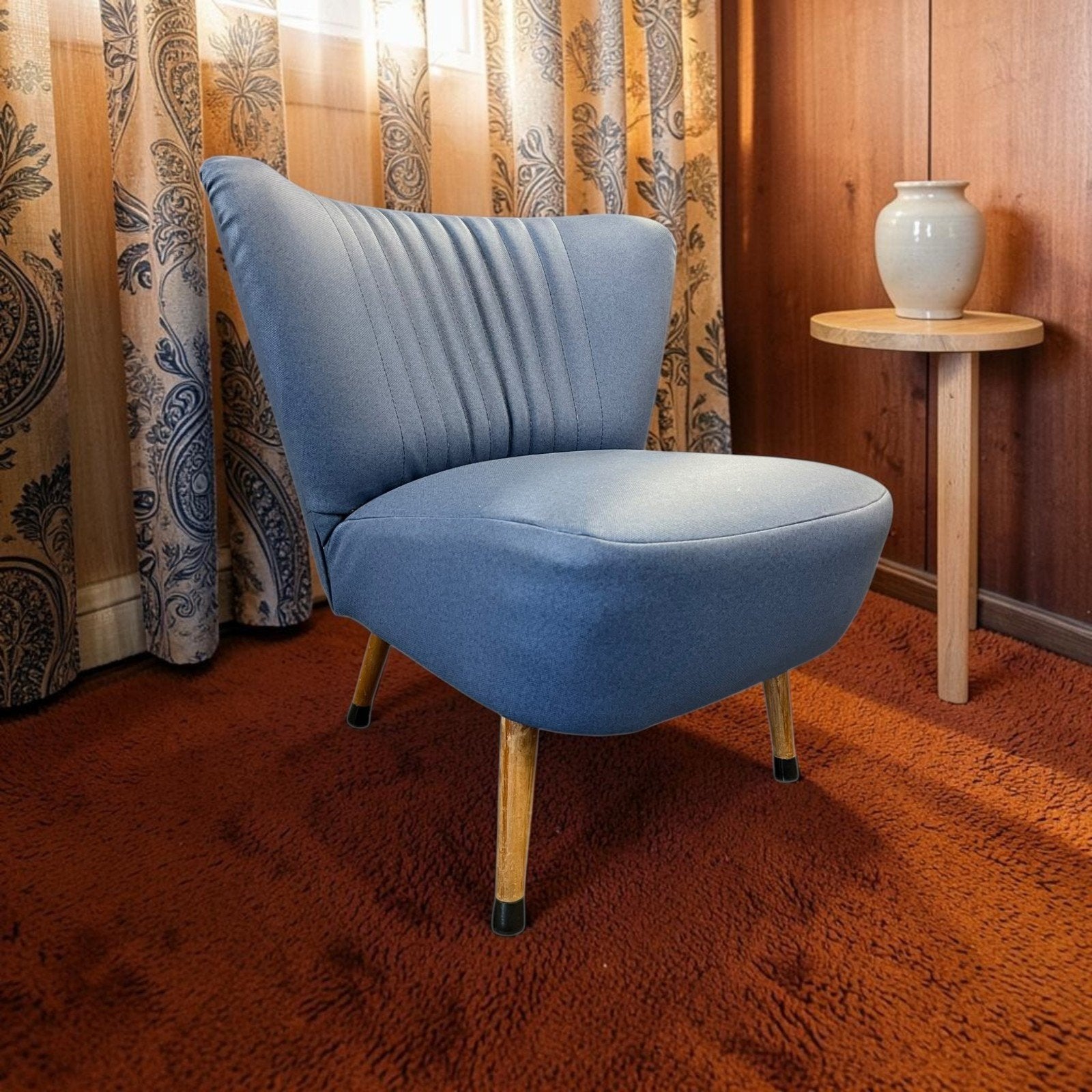 Vintage  jeansblauwe cocktailstoel / fauteuil / clubzetel, Antiek en Kunst, Ophalen of Verzenden