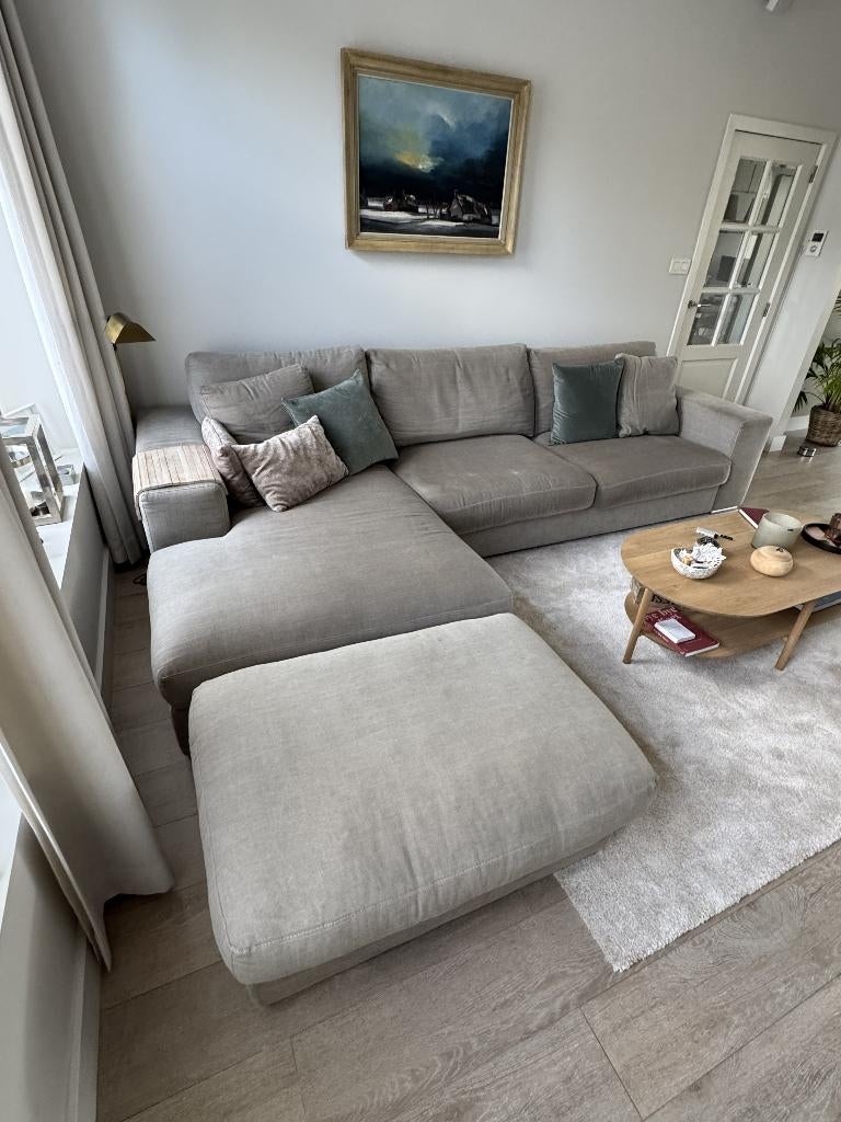 Elegante L-vorm zetel met Lounge & bijbank - 3m30x1m70, Ophalen, Gebruikt, Vierpersoons of meer, Stof
