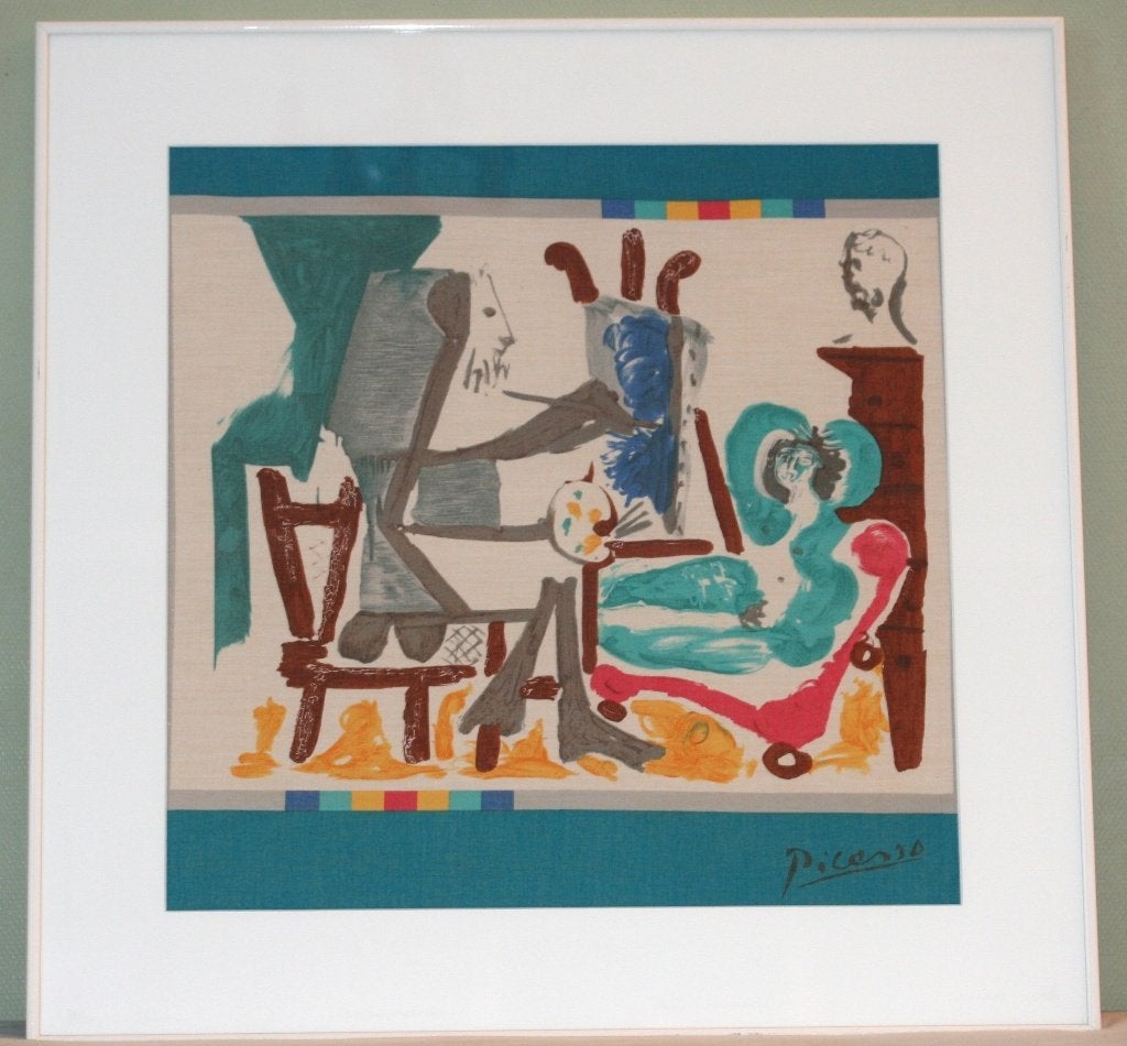 Picasso - The artist and his model Textielprint, Antiquités & Art, Avec verre, Enlèvement ou Envoi, Lithographie