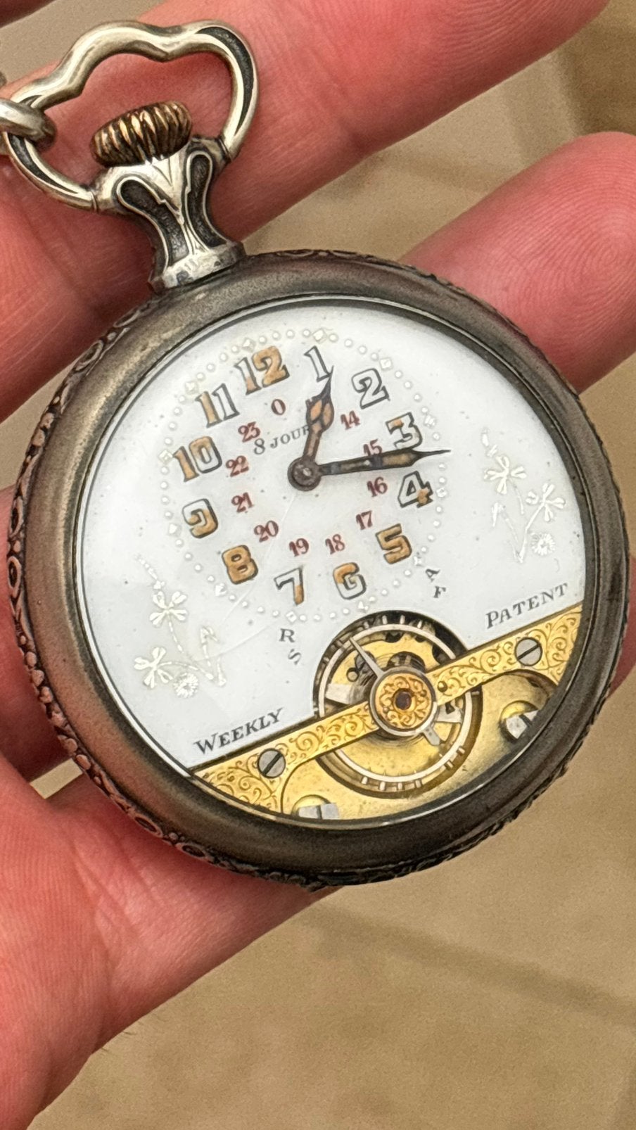 Wekelijks 8 dagen zeldzaam, Zakhorloge, 1900 tot 1930, Ophalen of Verzenden, Met ketting