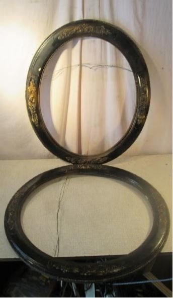 2 cadres baroques ovales anciens en bois - 59x50/49x40, Maison & Meubles, Enlèvement ou Envoi, Comme neuf, Bois, Avec bordure décorative