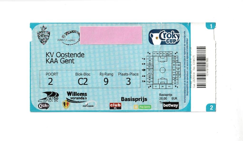 (gebruikt) ticket : Oostende - Gent : croky cup : 14/12/2016, Ophalen of Verzenden, Gebruikt, Overige typen