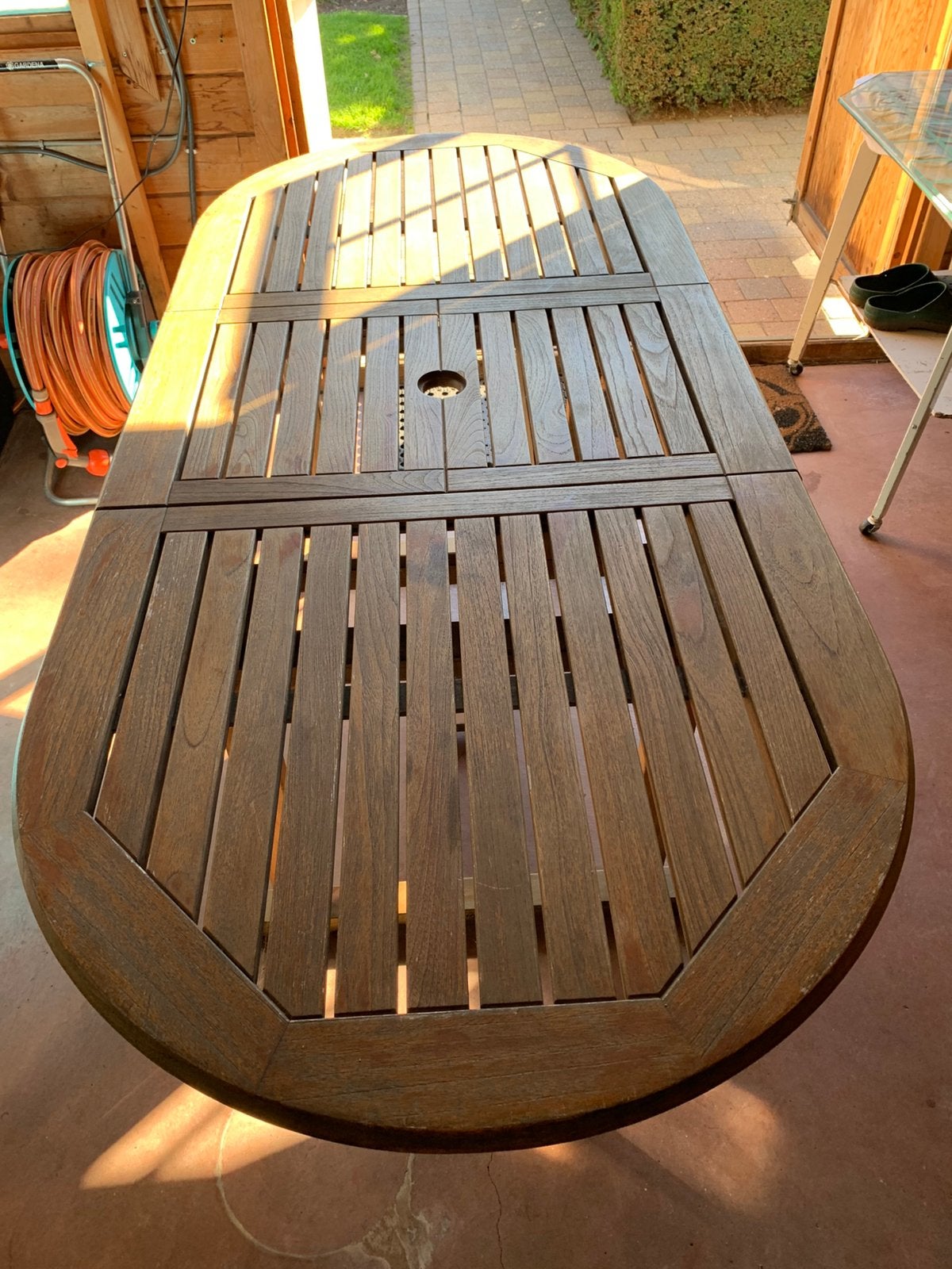 Mooie teaken tafel, Jardin & Terrasse, Enlèvement, Comme neuf, Bois de teck, Ajustable