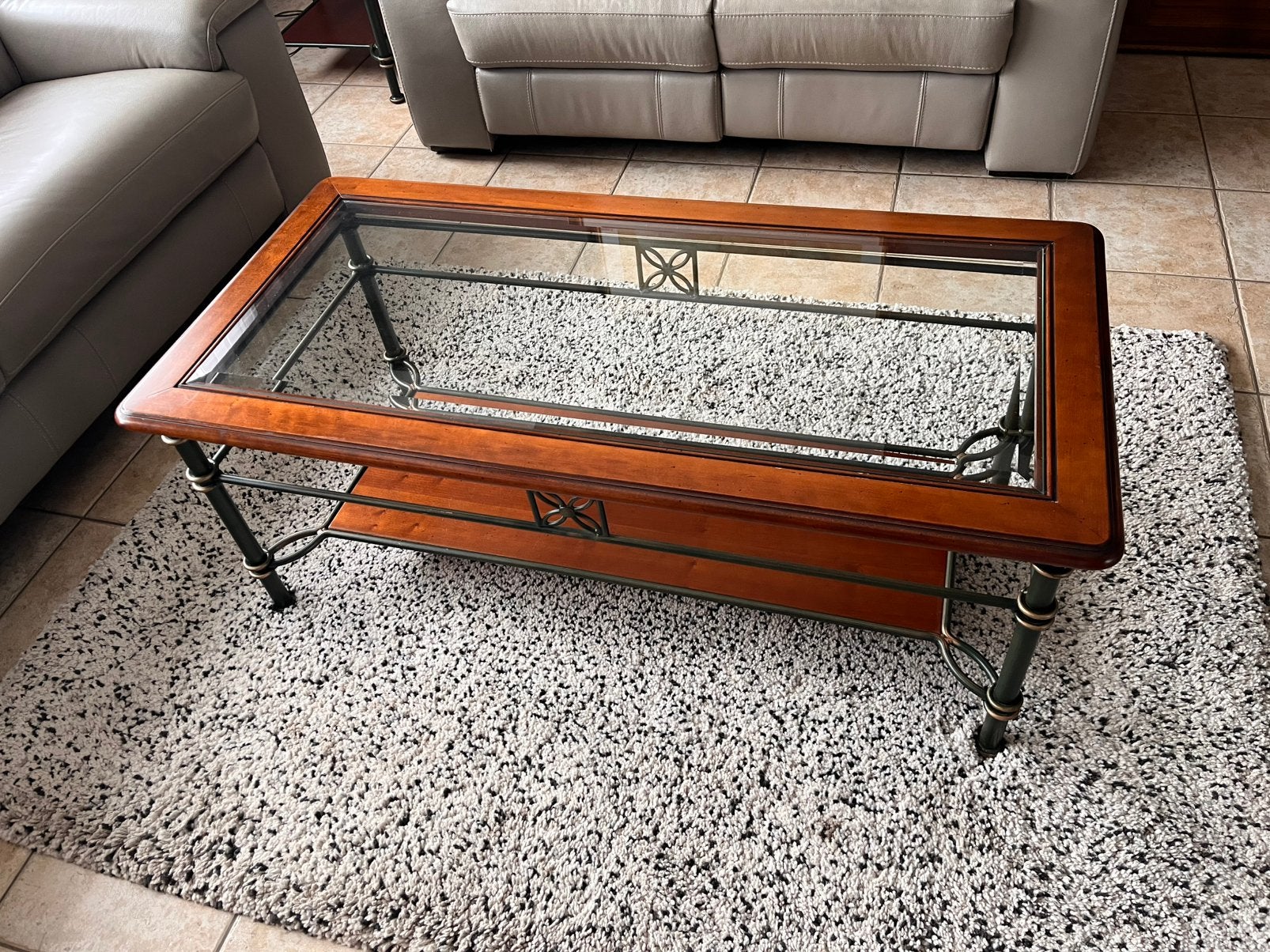 Salontafel + bijzettafeltje (hout, metaal & glas) – set, Huis en Inrichting, Ophalen, Zo goed als nieuw, Glas