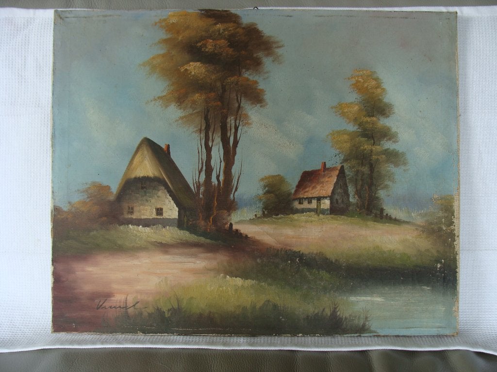 ancienne peinture à l'huile signée, 2 maisonnettes, vintage, Antiquités & Art, Enlèvement ou Envoi, Signé, Peinture à l'huile