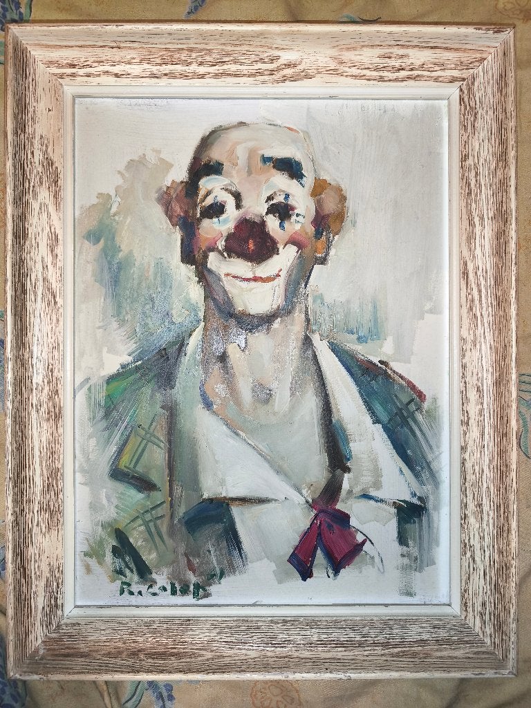 Huile sur panneau clown signe robert colot, Antiquités & Art, Enlèvement ou Envoi, Panneau