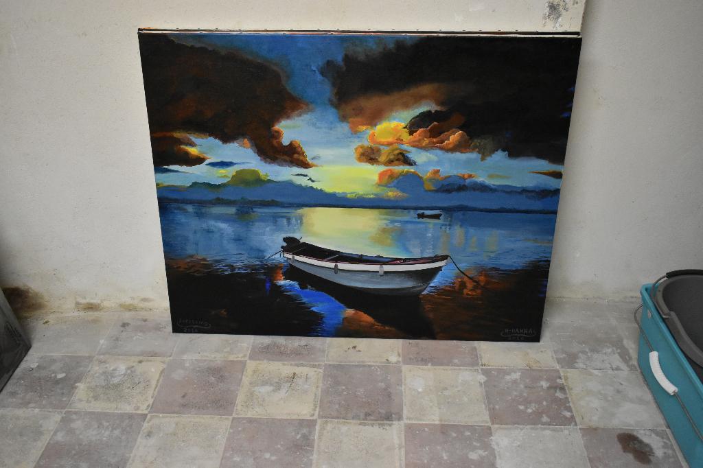 Landschapsschildering bij zonsondergang, door joky kamo, Ophalen, Olieverf, Landschap, Doek
