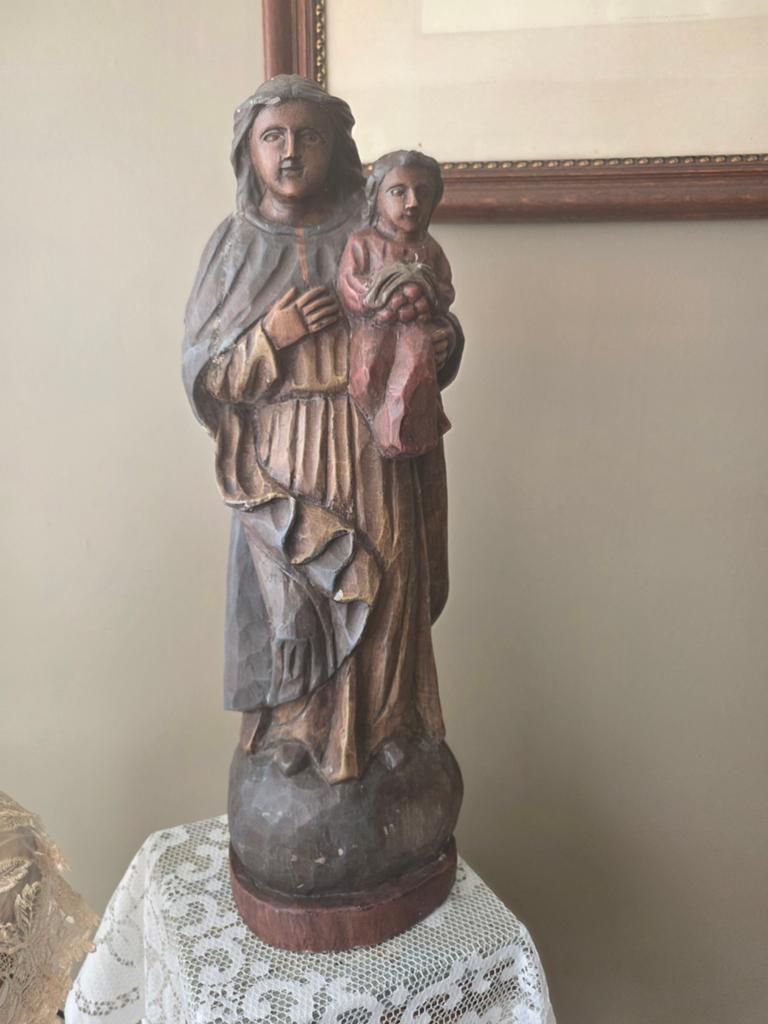antiek, handgesneden houten beeld van de Madonna met Kind, e, Ophalen