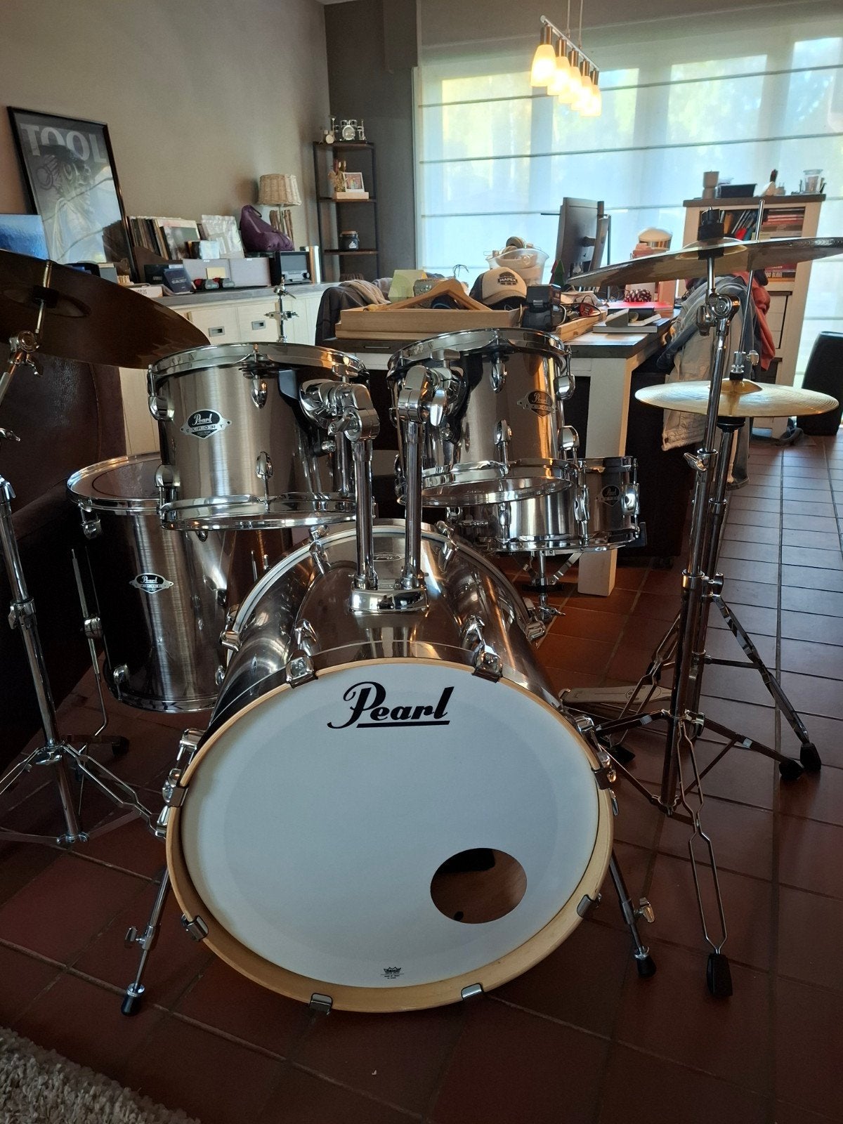 Kit de batterie complet Pearl Export Smokey Chrome + nouvell, Enlèvement, Comme neuf, Batterie ou Percussions