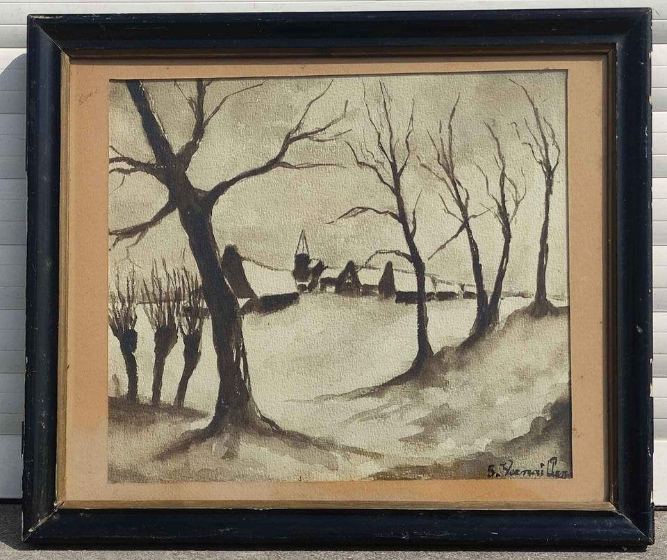 Aquarelle village enneigé signe g vermaillen, Antiquités & Art, Art | Peinture | Classique, Enlèvement ou Envoi, Aquarelle