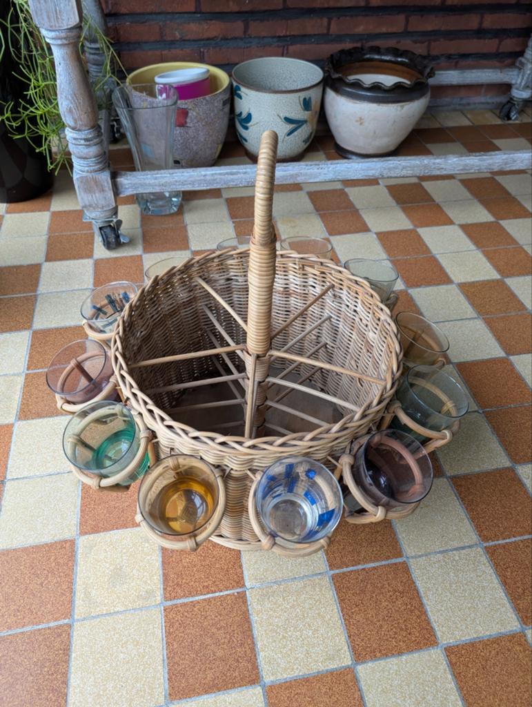 Vintage - Rotan flessen / glazenhouder, Enlèvement, Utilisé