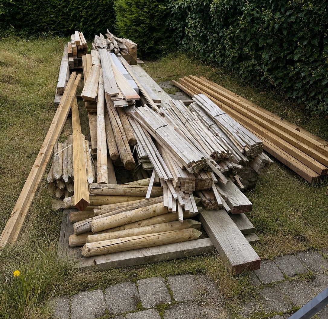Grand lot de bois de pin et de douglas — poutres, poteaux,.., Bricolage & Construction, Bois & Planches, Enlèvement, Comme neuf