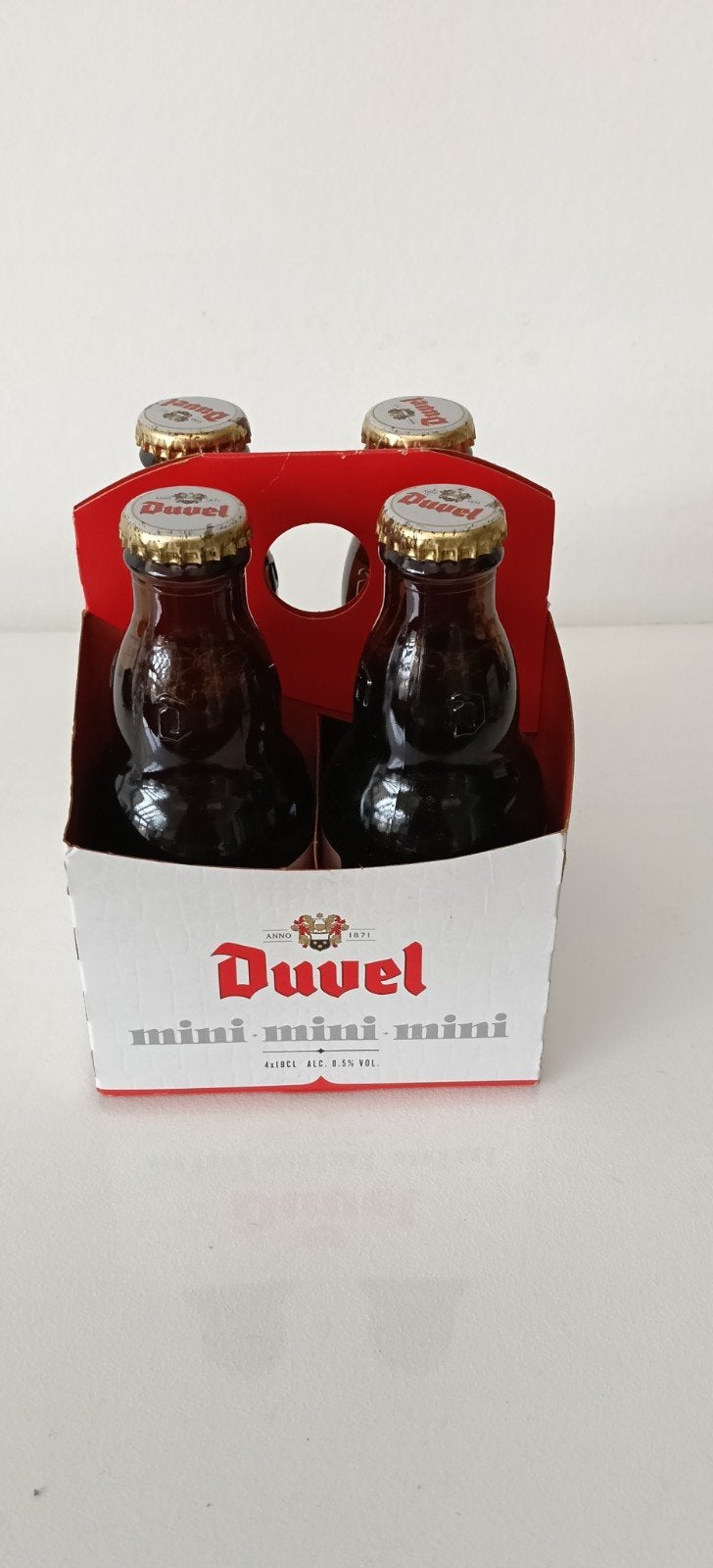Volle Duvel flesjes mini in basquette. 18 cl. Duvel apero., Verzamelen, Ophalen of Verzenden, Zo goed als nieuw, Flesje(s), Duvel