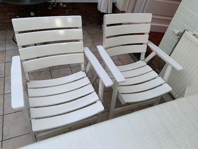 4 degelijke houten plooibare tuinstoelen (Merk : Herlag), Ophalen, Gebruikt, Hout, Inklapbaar