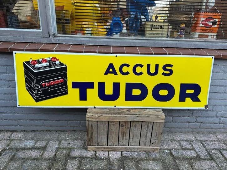 Vintage Emaille Reclamebord Accu Tudor, Antiek en Kunst, Ophalen