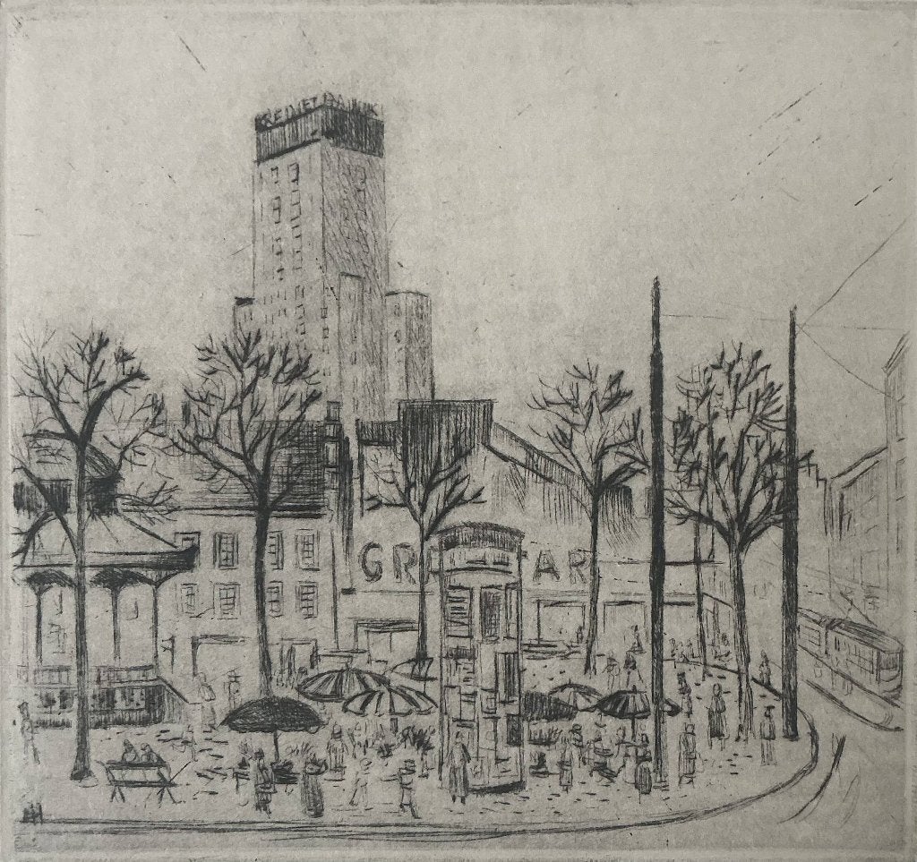Ets Antoon Herckenrath (1907-1977) Groenplaats Antwerpen, Antiek en Kunst, Ophalen, Ets