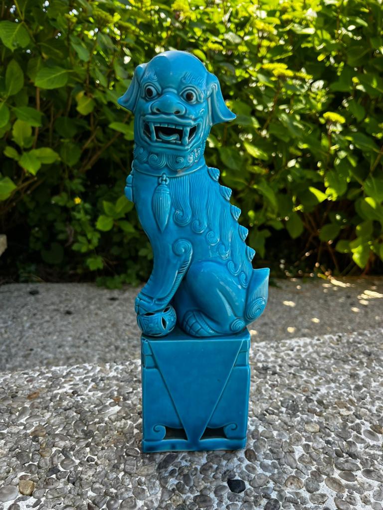 Vintage turquoise Chinese foo dog / guardian lion keramiek, Enlèvement, Comme neuf