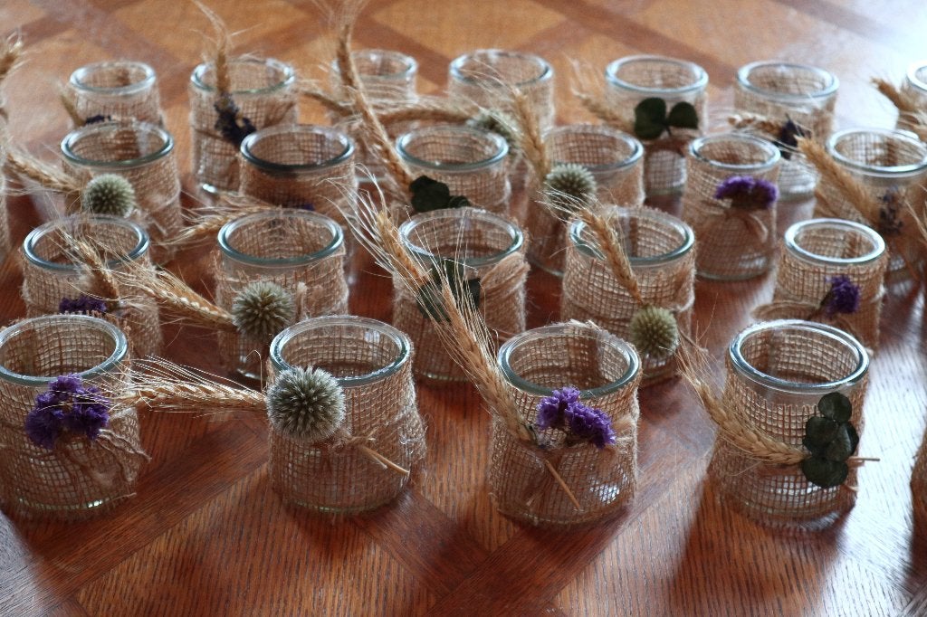 Lot de 32 photophores de mariage champêtre faits maison, Enlèvement, Utilisé, Bougie