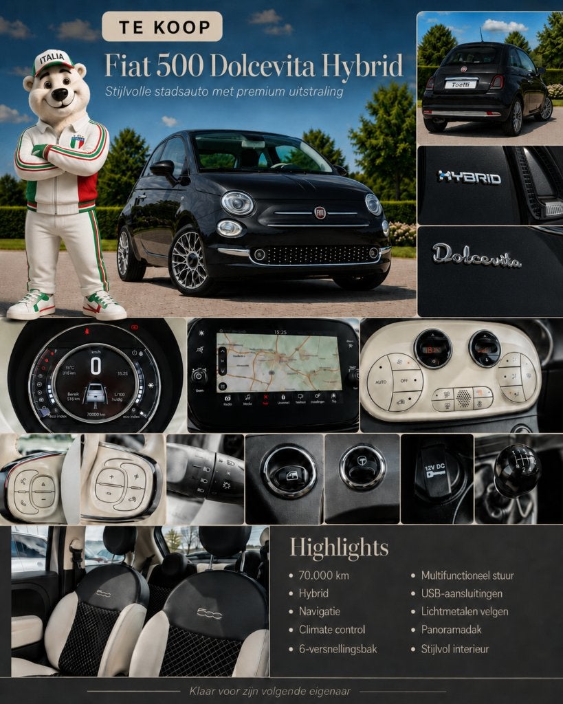 Fiat 500 Dolcevita Hybrid | 2023 | Navi | Toit panoramique, Achat, Boîte manuelle, 5 places, Cuir synthéthique