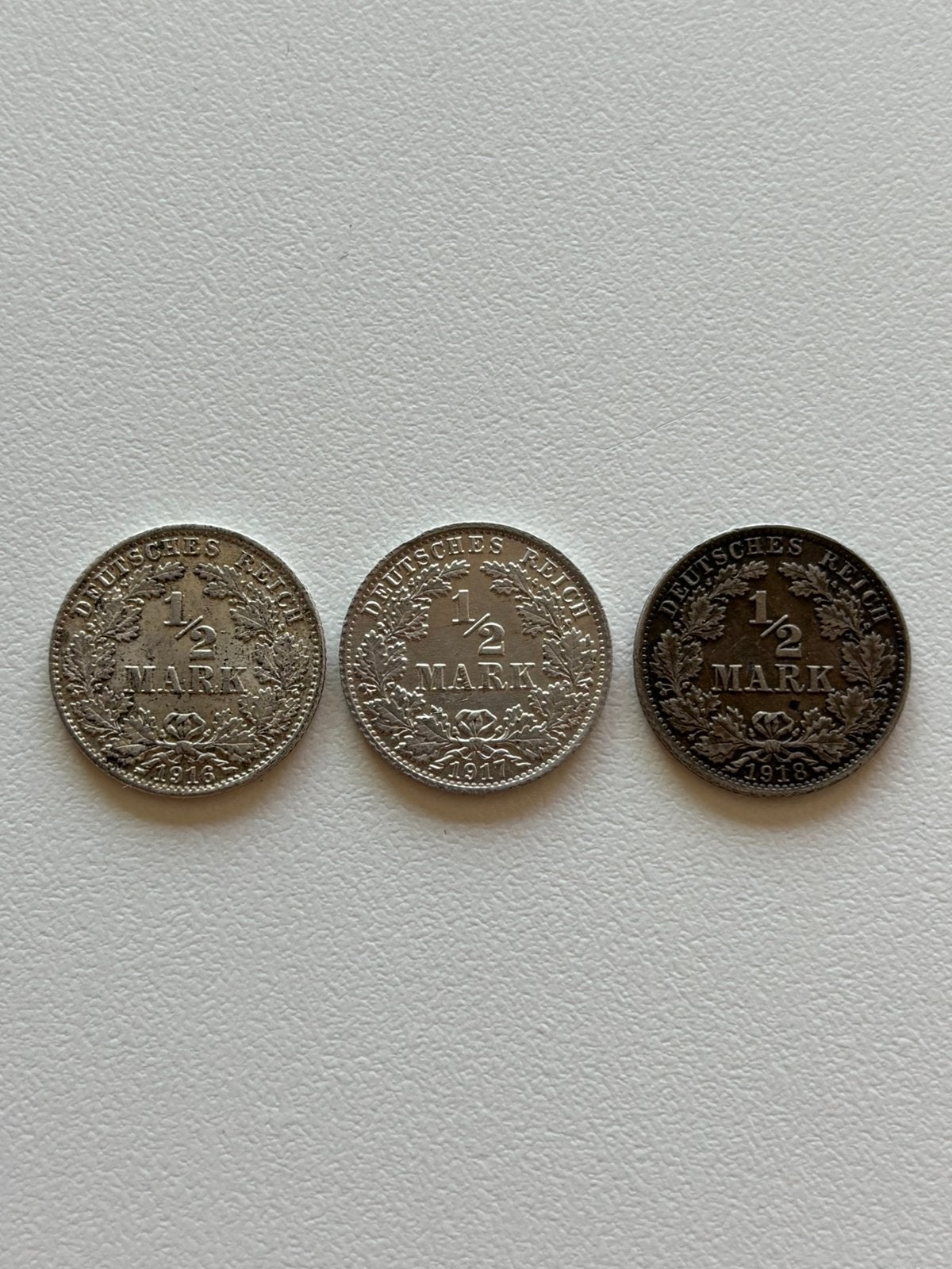 3 zilveren 1/2 Mark Duitsland 1916,1917,1918, Ophalen, Duitsland, Losse munt, Zilver