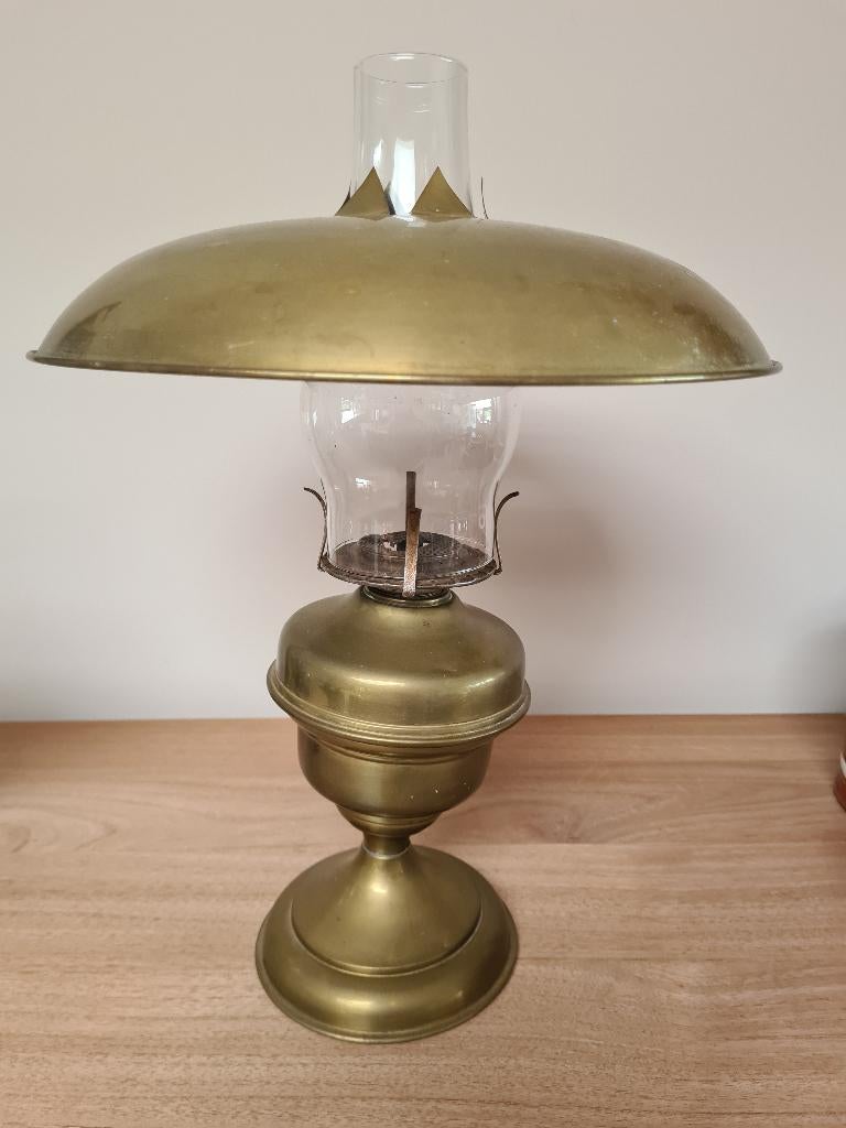 antieke koperen olielamp met glas en kap, Antiek en Kunst, Antiek | Brons en Koper, Ophalen, Koper