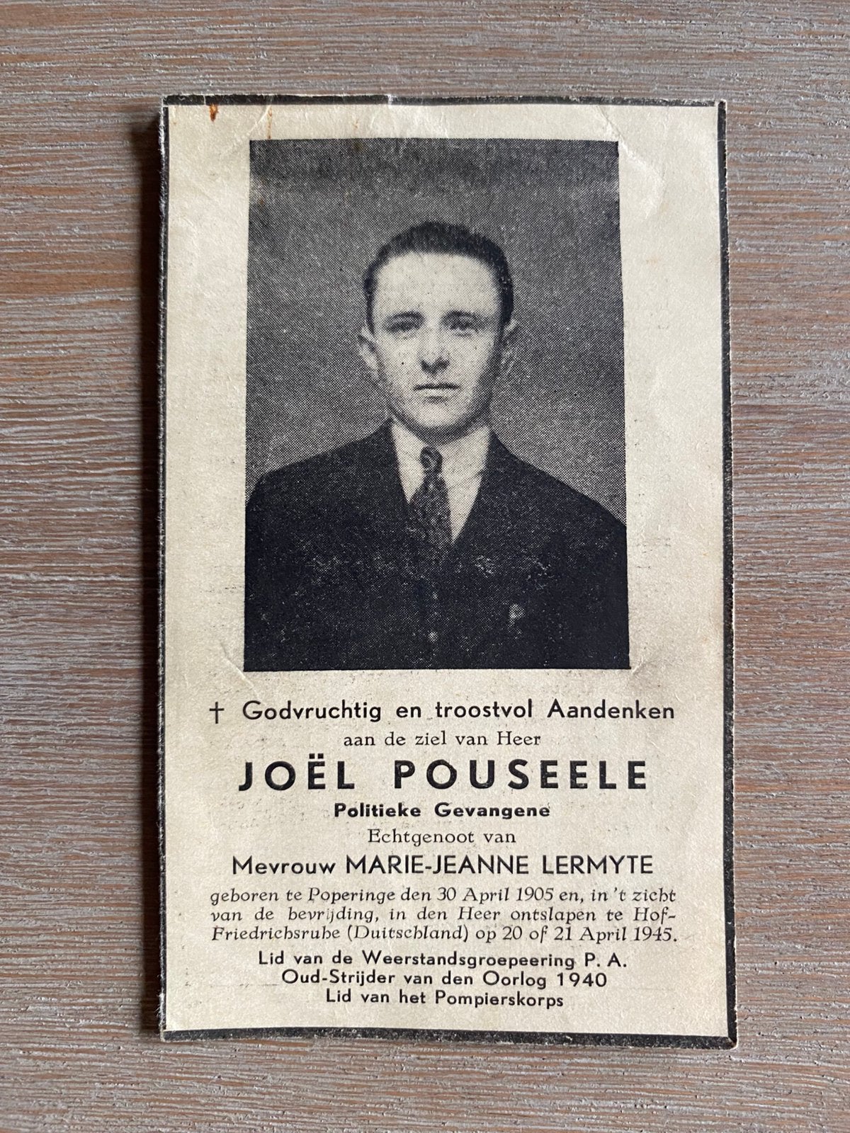 Joël Pouseele - Prisonnier politique, Envoi, Image pieuse