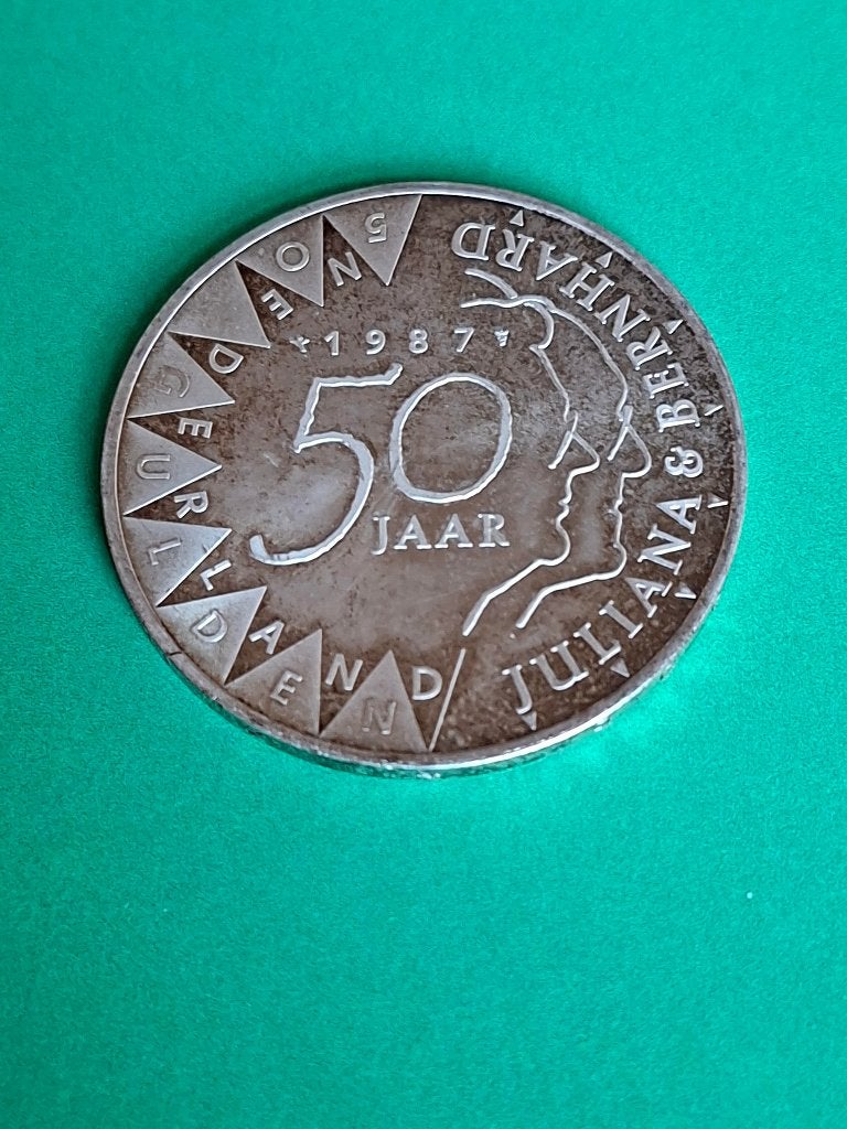 1987 Nederland 50 gulden zilver 50 jaar huwelijk Juliana, Verzenden, Koningin Beatrix, Zilver, Losse munt