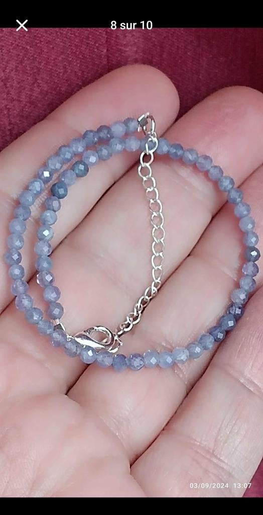 Bracelet en argent massif avec perles de tanzanite naturelle, Neuf, Argent, Argent, Réglable