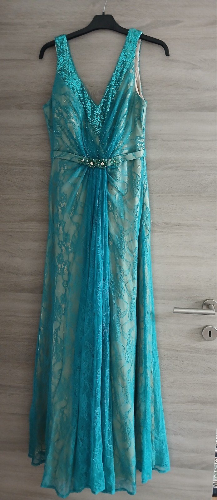 Turquoise kanten avondjurk met strass, Ophalen of Verzenden