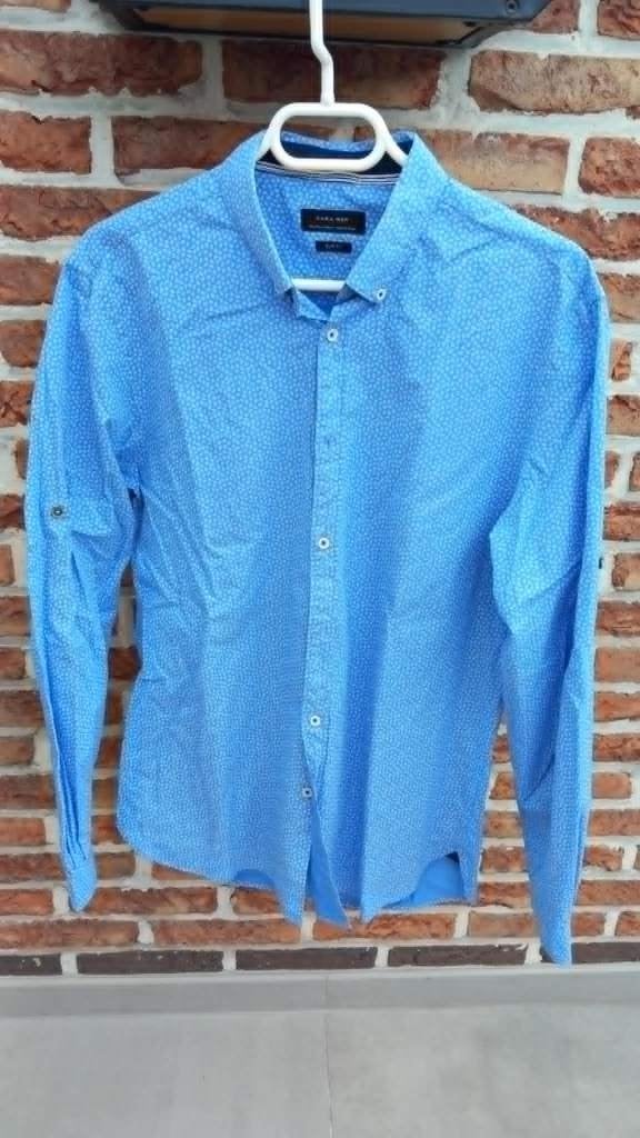 Chemise bleue à fins motifs blancs, Tour de cou 41/42 (L), Enlèvement ou Envoi, Comme neuf, Zara Man
