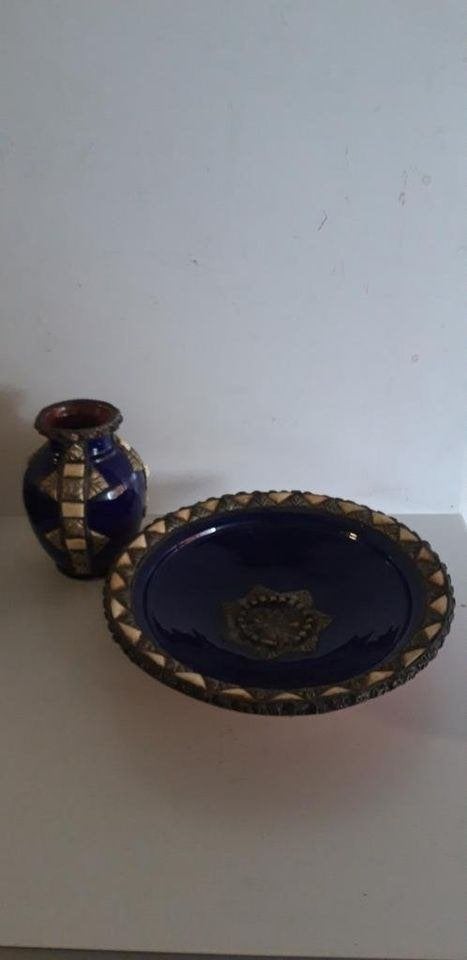 Marokkaanse schaal en vaas, terracotta, zilver en been, Ophalen of Verzenden