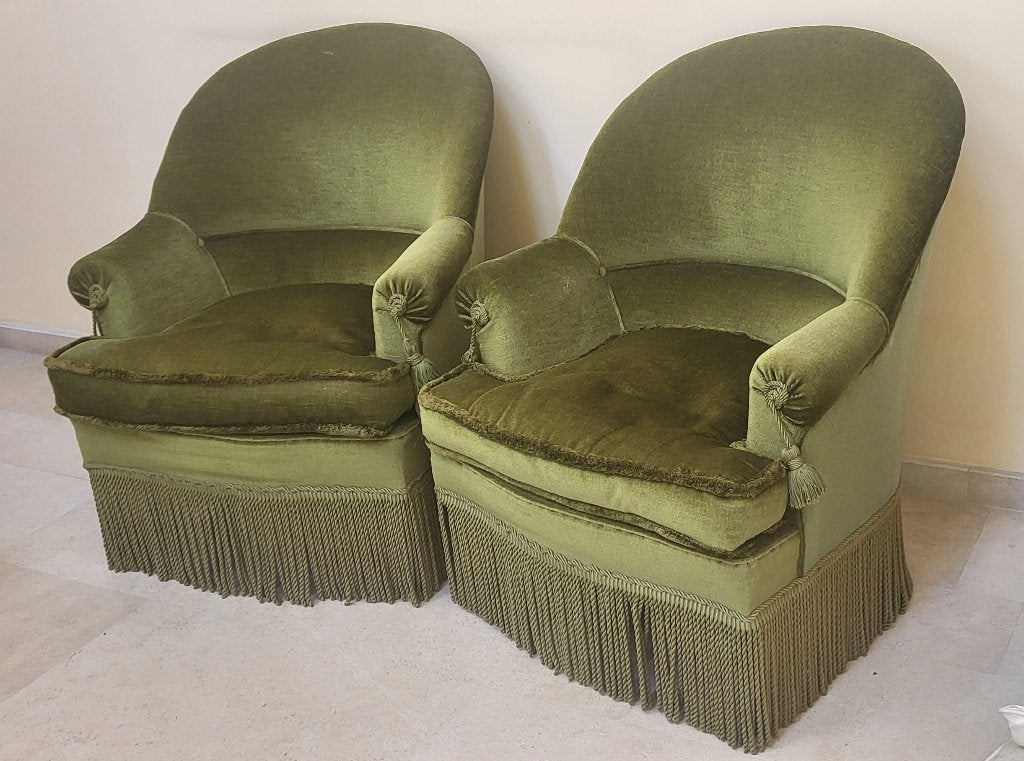 2 Unieke Vintage fluwelen fauteuils – Olijfgroen met franje, Antiek en Kunst, Ophalen