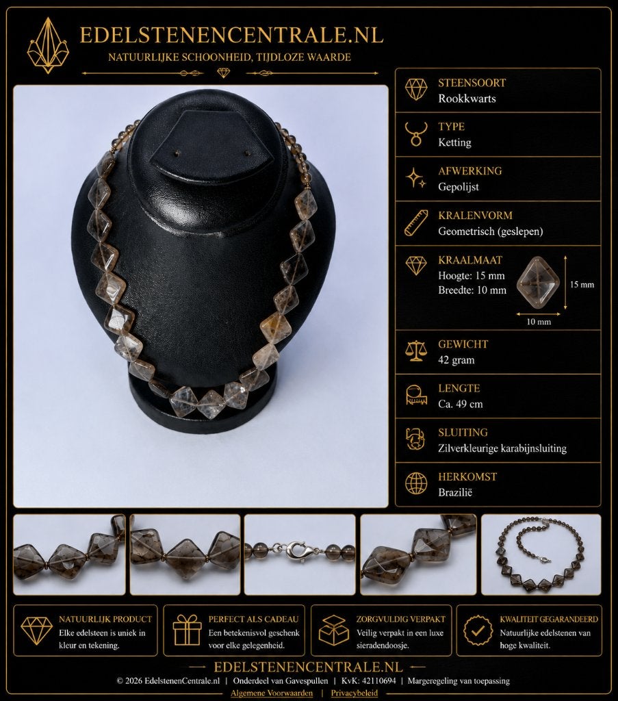 Rookkwarts Ketting met Gepolijste Geometrische Kralen, Bijoux, Sacs & Beauté, Bijoux anciens, Envoi, Autres matériaux, Collier