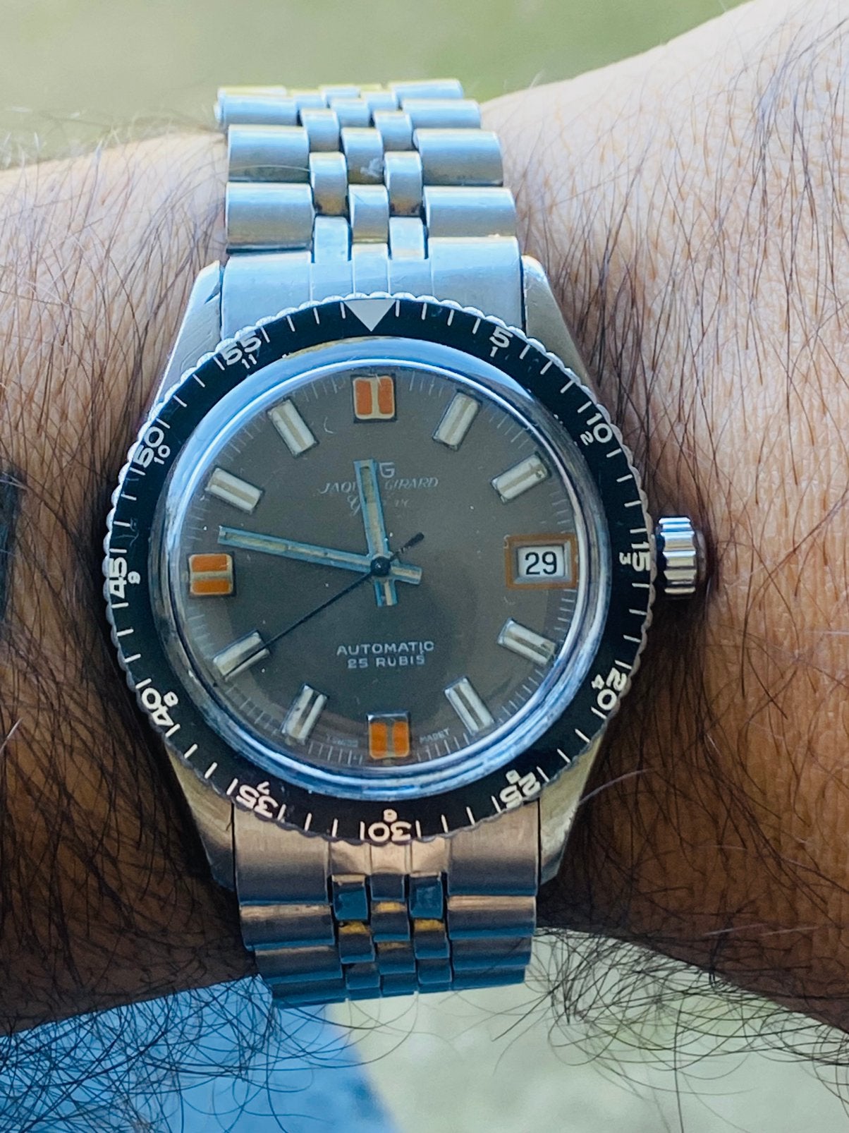 Jaquet Girard Geneve Skindiver Automatic '70, Bijoux, Sacs & Beauté, Montre-bracelet, Autres marques, Enlèvement ou Envoi, Acier