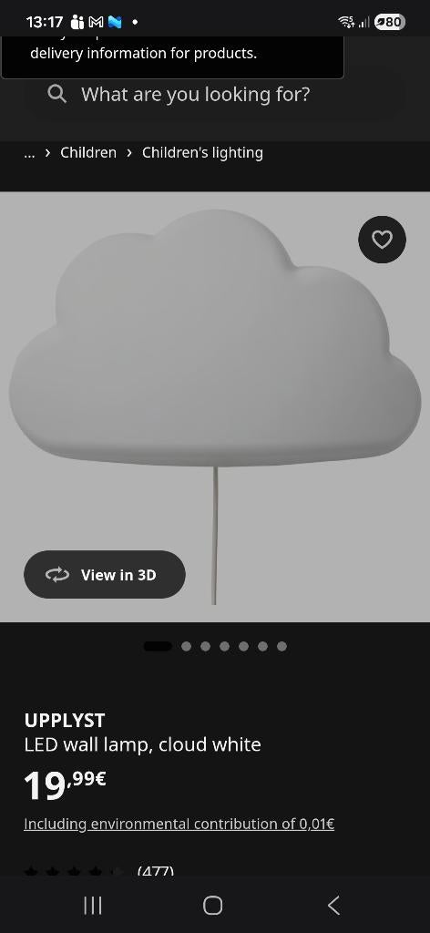 Ikea led-wandlamp wolk Upplyst, Ophalen, Zo goed als nieuw, Lamp