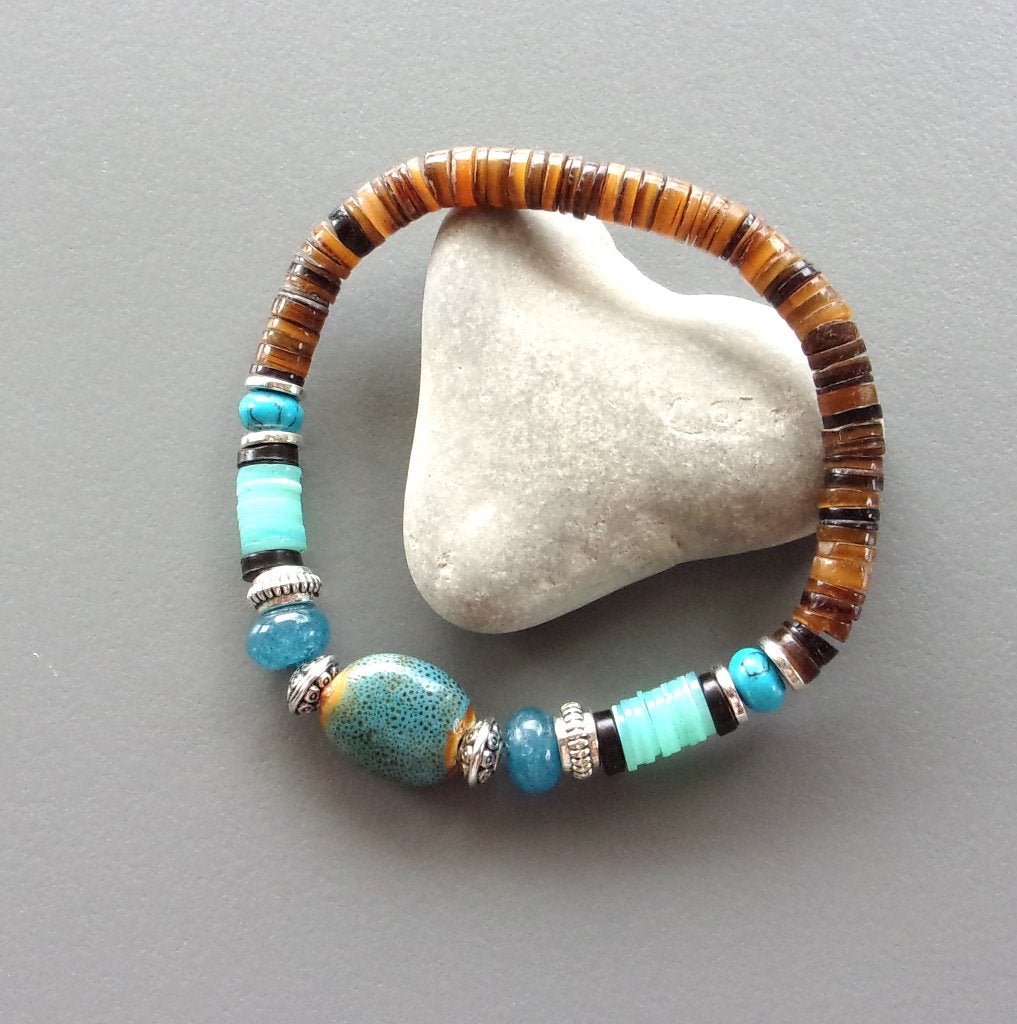 Surferarmband voor heren of dames in keramiek en turkoois, Met bedels of kralen, Blauw, Nieuw, Ophalen of Verzenden