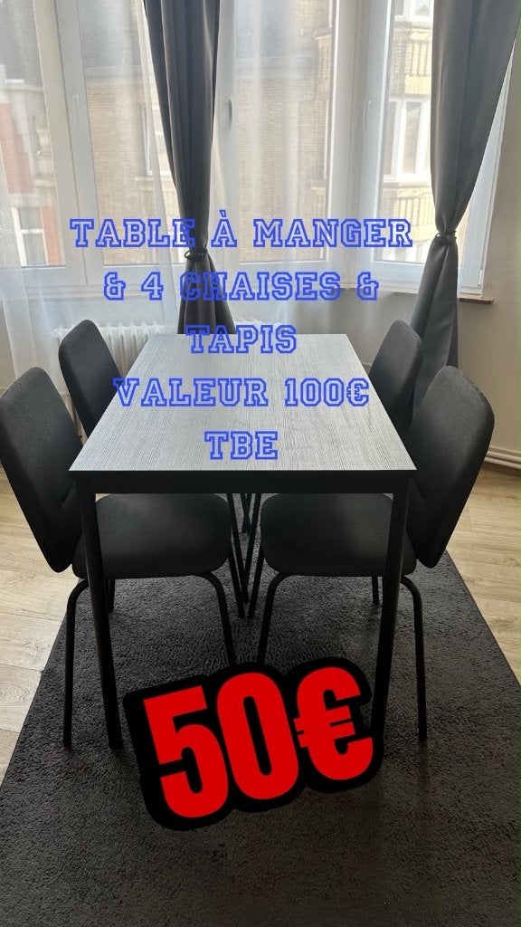 TABLE + 4 CHAISES + TAPIS, Maison & Meubles, Cinq personnes ou plus, Comme neuf, Enlèvement, Rectangulaire