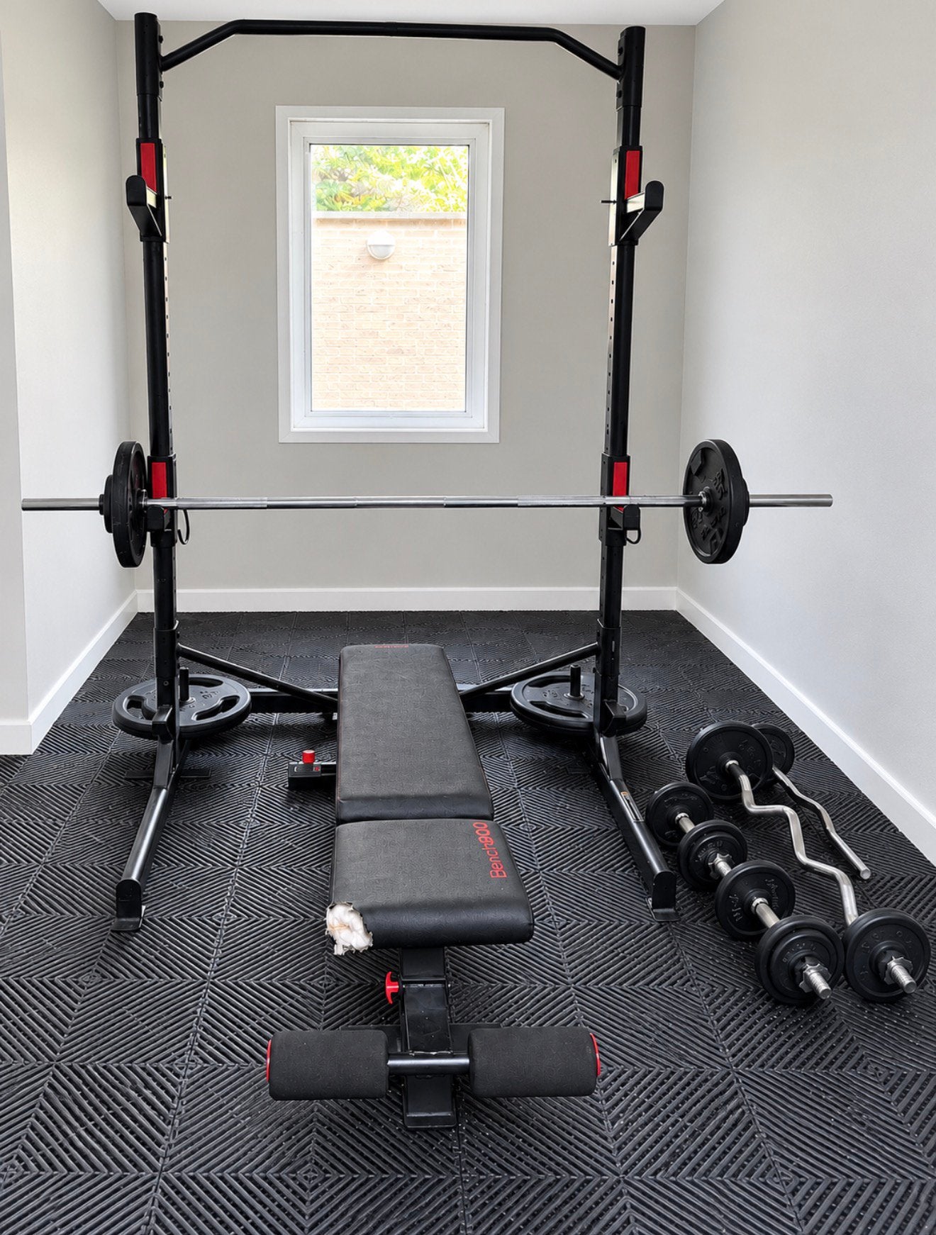 Complete homegym met power rack, gewichten én vloermatten, Sport en Fitness, Ophalen, Zo goed als nieuw, Halterschijven