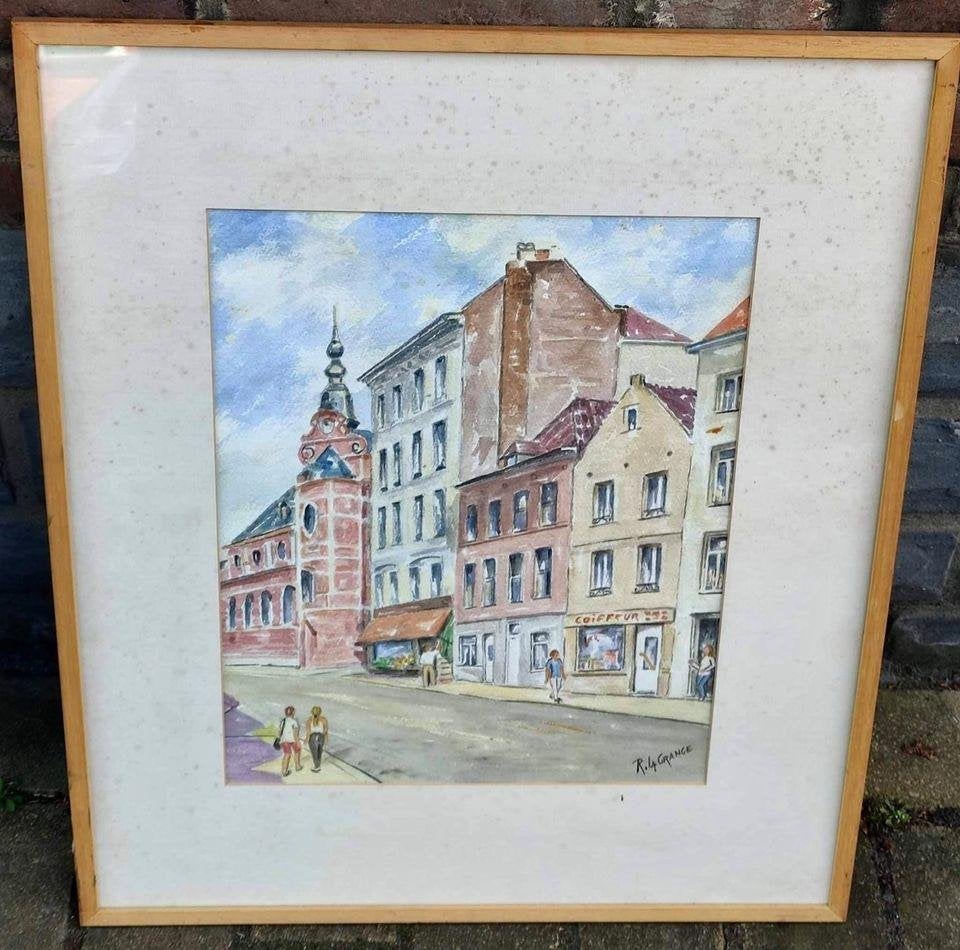 aquarelle rue de riches signe roger la grange, Enlèvement ou Envoi, Aquarelle