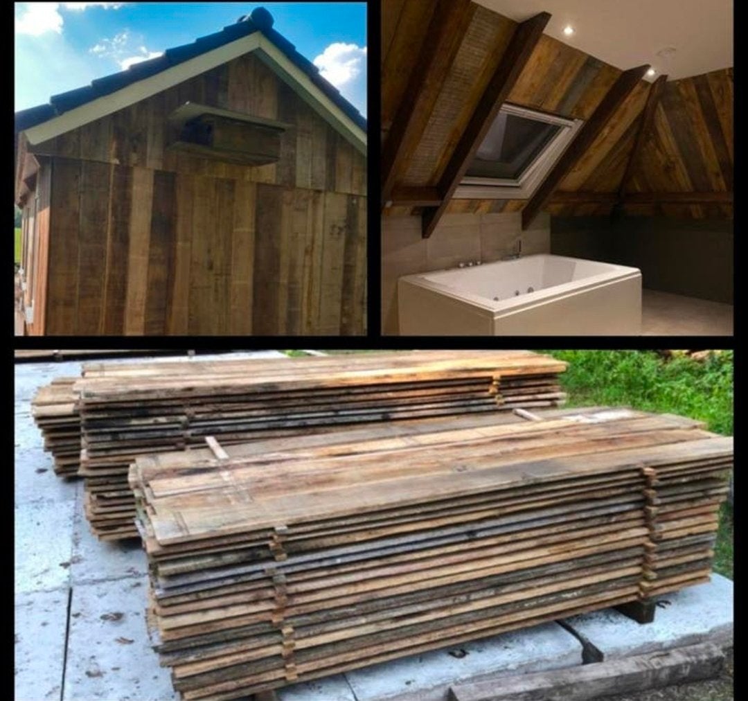 €/m2 = 250m2 Afrikaans eiken, tot 5,7m1, Tuin en Terras, Palen, Balken en Planken, Zo goed als nieuw, Planken, Hardhout, Ophalen of Verzenden