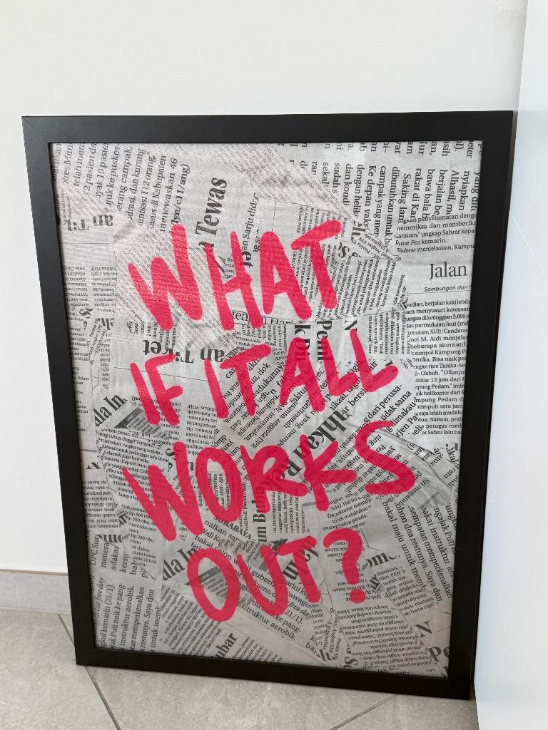 wanddecoratie print met kader “What if it all works out?”, Ophalen, Schilderij, Textiel, Zo goed als nieuw
