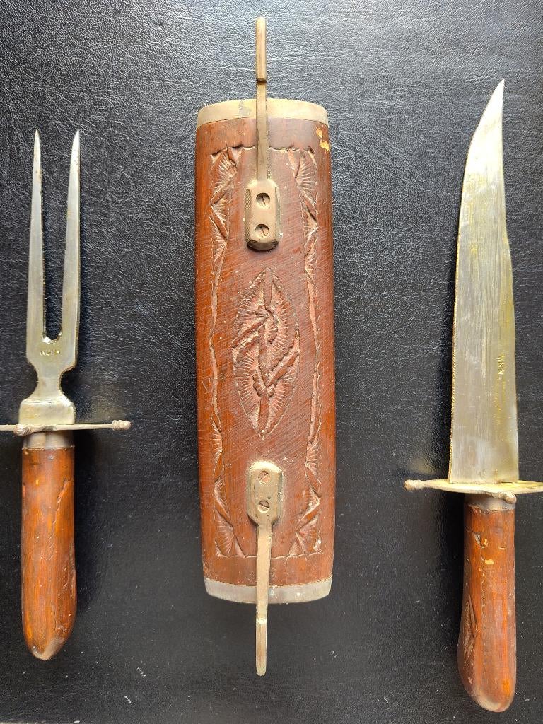 couteau & fourchette vintage en bois et laiton d'Inde, Antiquités & Art, Enlèvement ou Envoi