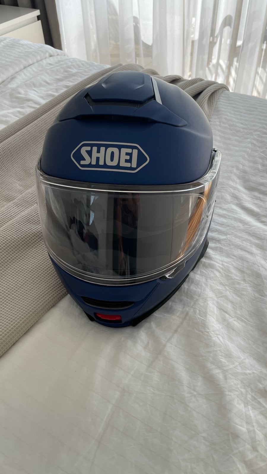 Casque Shoei Neotec II bleu mat taille L + intercom -, Motoren, Ophalen, Heren, Overige typen, Shoei