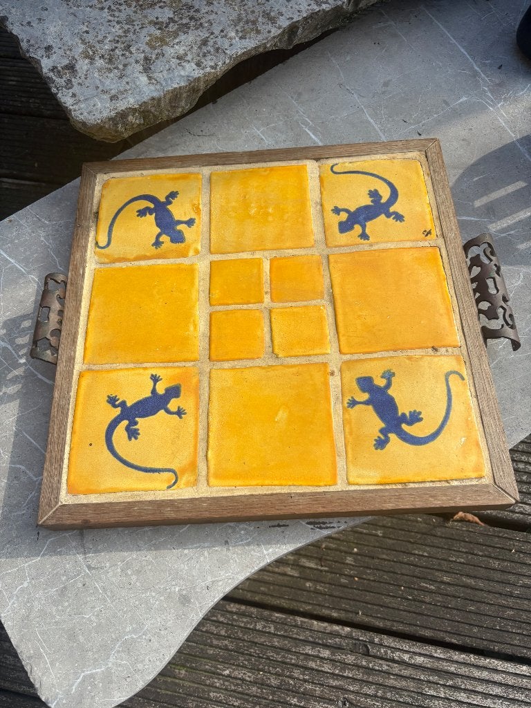 Origineel dienblad met massief koperen handvaten., Antiek en Kunst, Ophalen of Verzenden